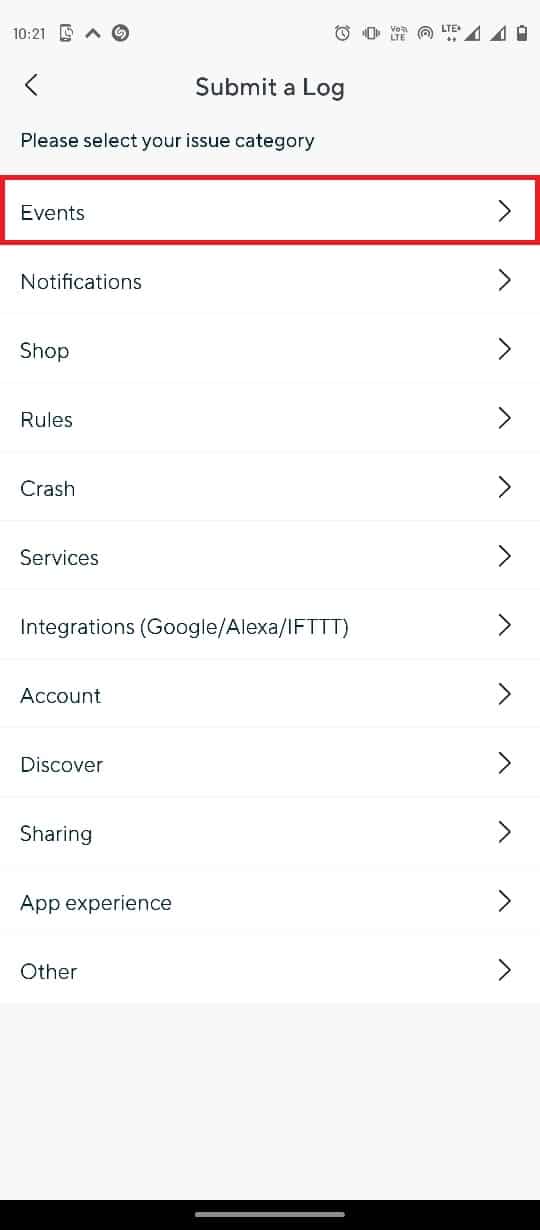 اضغط على علامة التبويب الأحداث. إصلاح خطأ Wyze 07 على نظام Android
