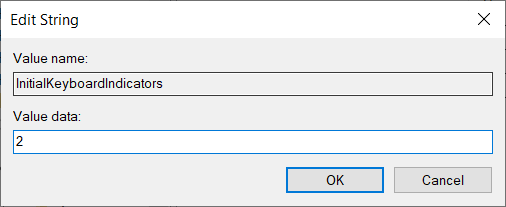 Defina o valor de InitialKeyboardIndicators como 2 para ativar o Num lock no seu dispositivo