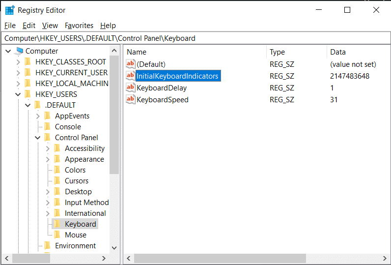 Navegue até o teclado no Editor do Registro em HKEY_USERS