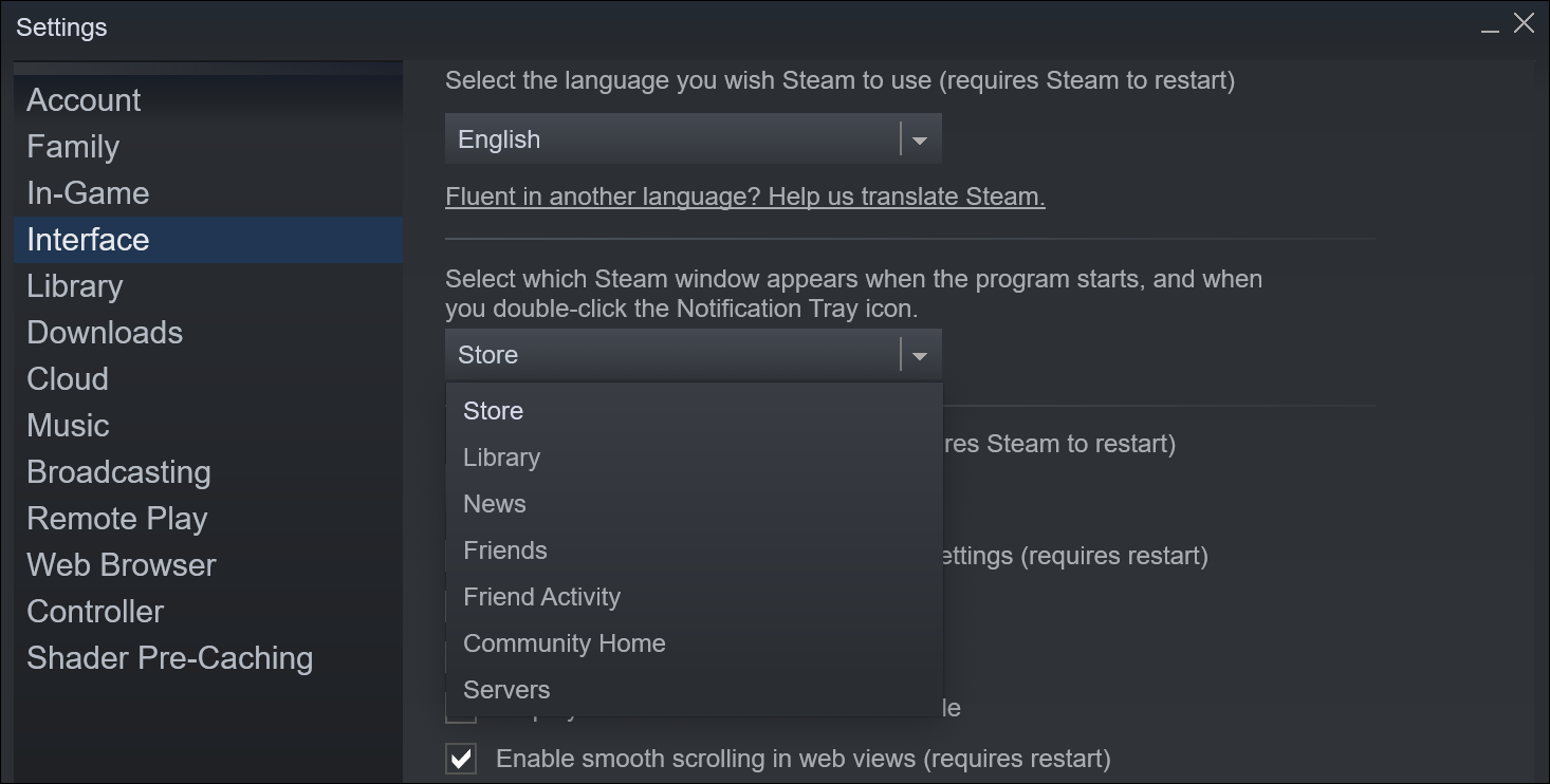 imagen del menú desplegable en la configuración de la interfaz de Steam