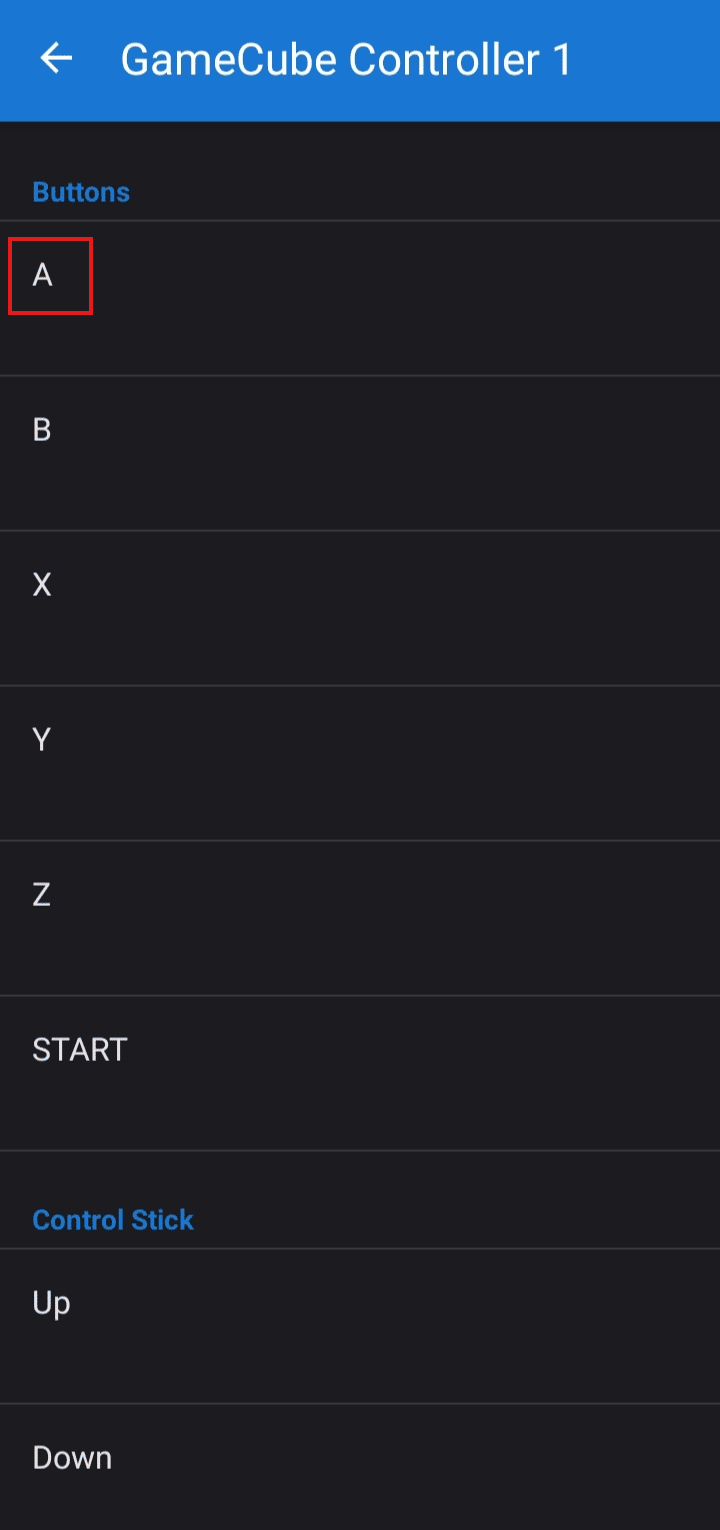 Toque no A e pressione o botão do controlador para configurá-lo, faça isso para cada botão para configurar seu controlador.