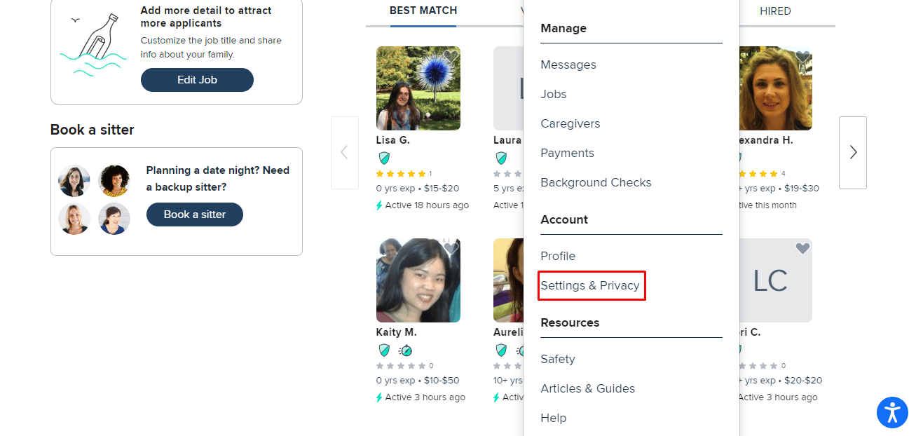En el menú desplegable principal, haga clic en la opción Configuración y privacidad | ¿Es posible eliminar la cuenta de Care.com?