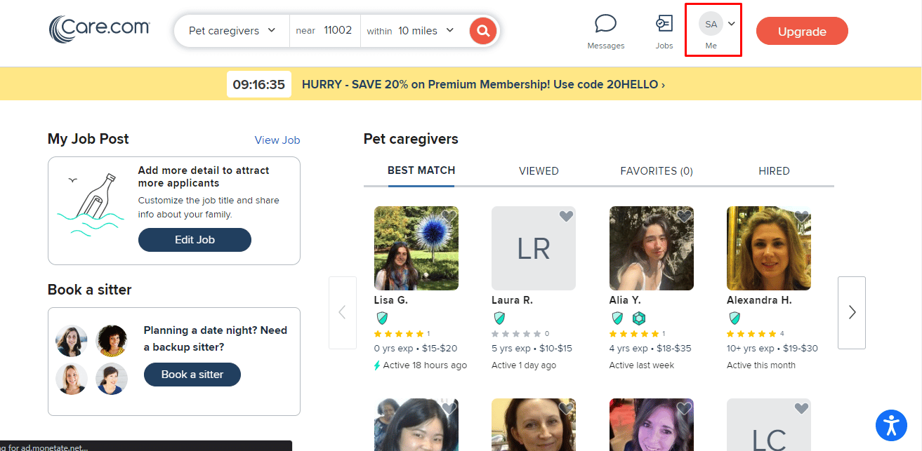Haz clic en el ícono de la foto de perfil en la esquina superior derecha de tu pantalla para abrir el menú desplegable de la cuenta principal. | ocultar su perfil en Care.com