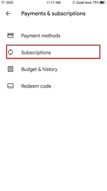Ora nel menu Pagamenti e abbonamenti, fai clic sull'opzione Abbonamenti. | Come eliminare un account puro