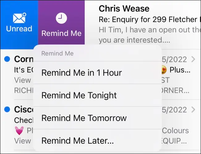 iOS 16 で右にスワイプしてメール リマインダーを取得する