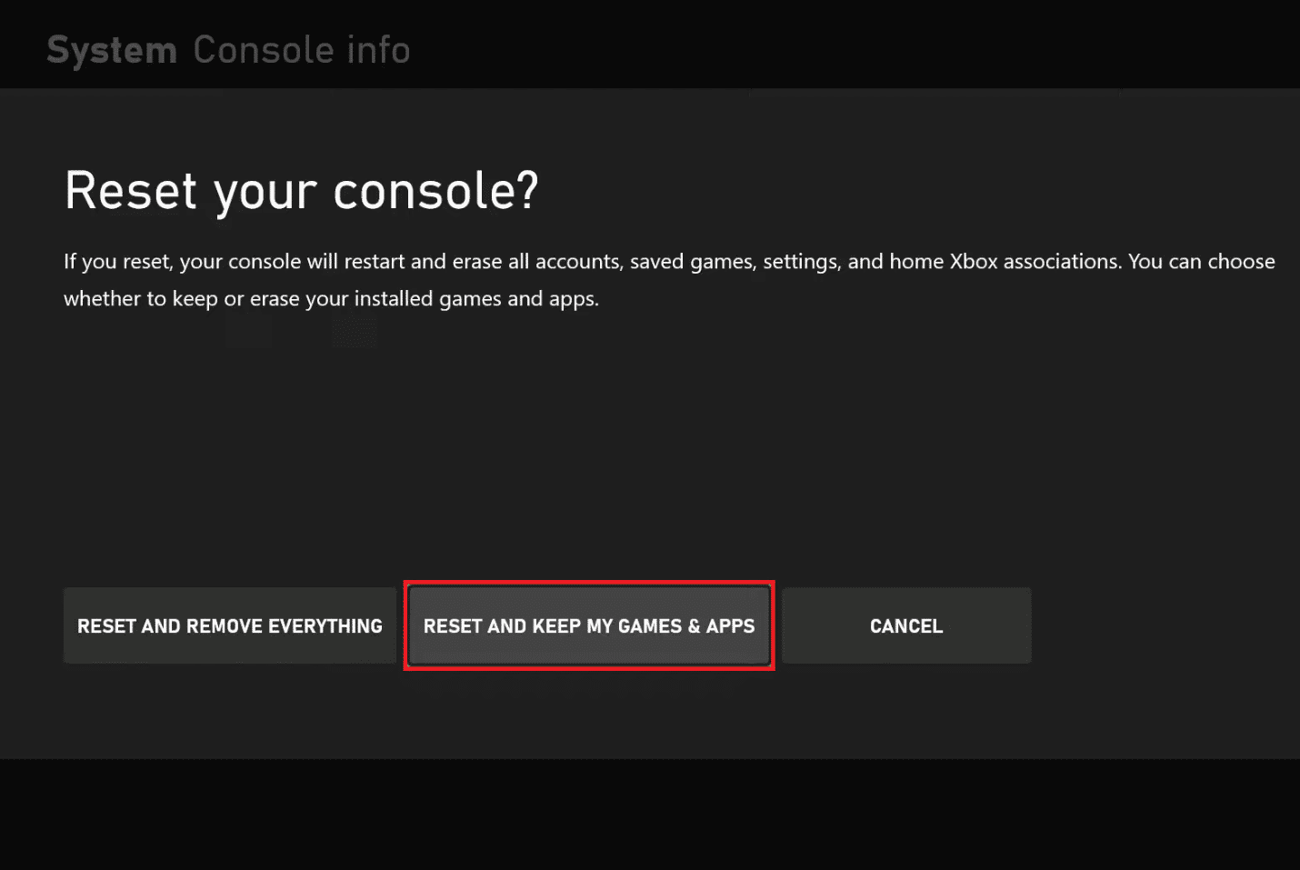 SIFIRLA VE OYUNLARIMI VE UYGULAMALARIMI TUT'u seçin. Xbox Hata Kodunu Düzeltin 0x87af000d