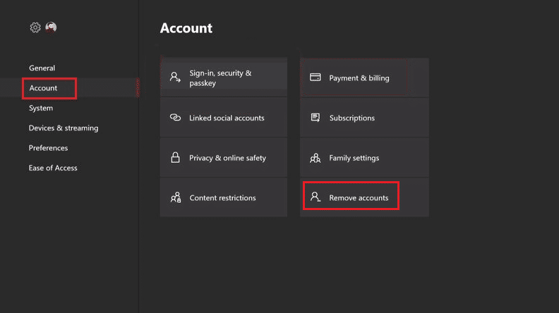 Xbox One Ayarları, Hesap, Hesabı kaldır. Xbox Hata Kodunu Düzeltin 0x87af000d