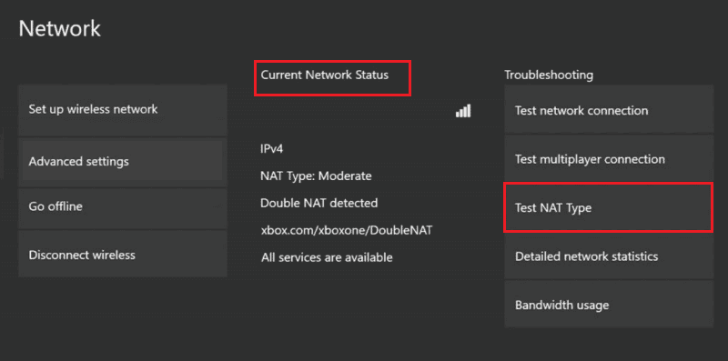 Xbox Ağı ayarında NAT Türünü Test Et seçeneğini seçin. Xbox Hata Kodunu Düzeltin 0x87af000d