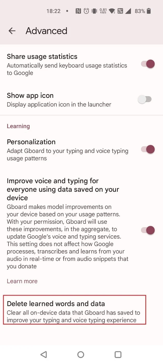 Tocca Elimina parole e dati appresi | Come eliminare una GIF su Facebook Commenta | non inviare GIF su Messenger