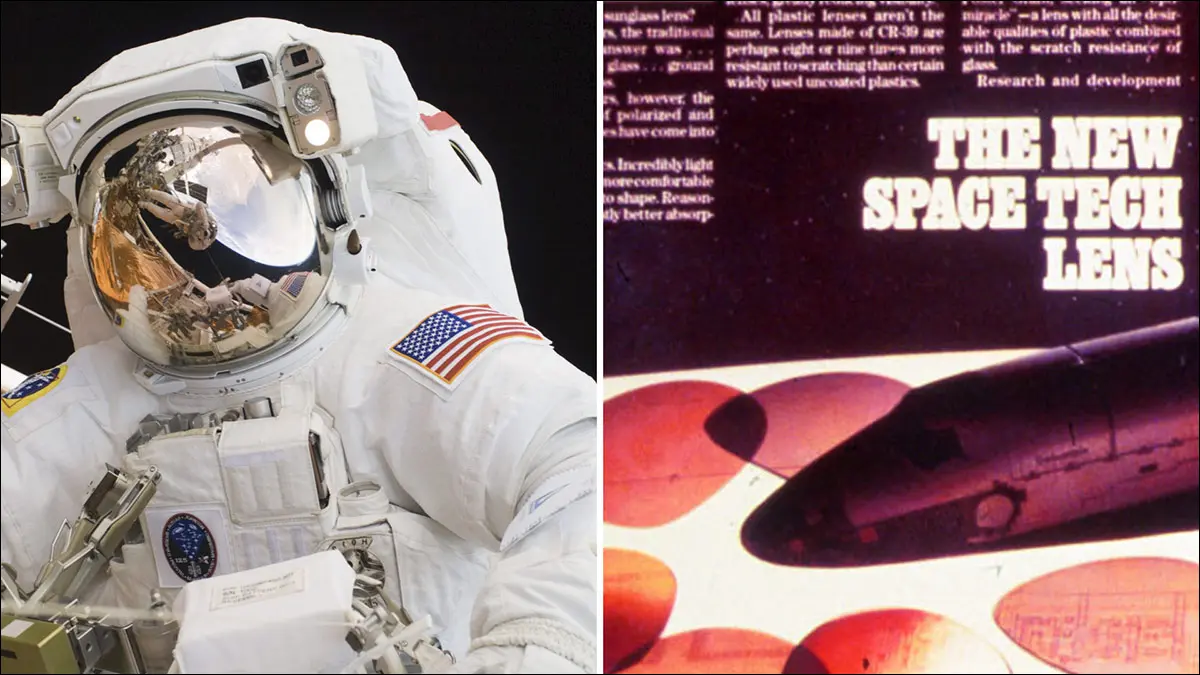 Bir uzay giysisi içindeki bir astronotun fotoğrafı ve yeni lensi gösteren bir reklam.