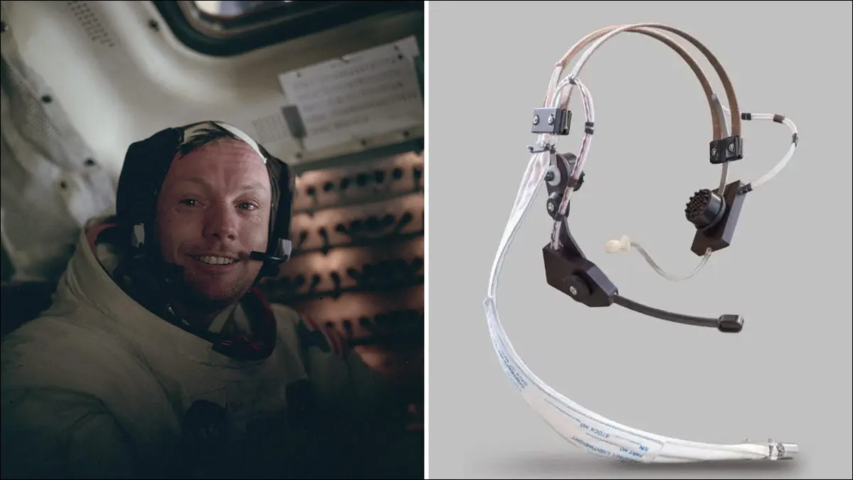 Neil Armstrong'un bir fotoğrafı ve Apollo misyonları sırasında kullanılan kablosuz bir kulaklık.