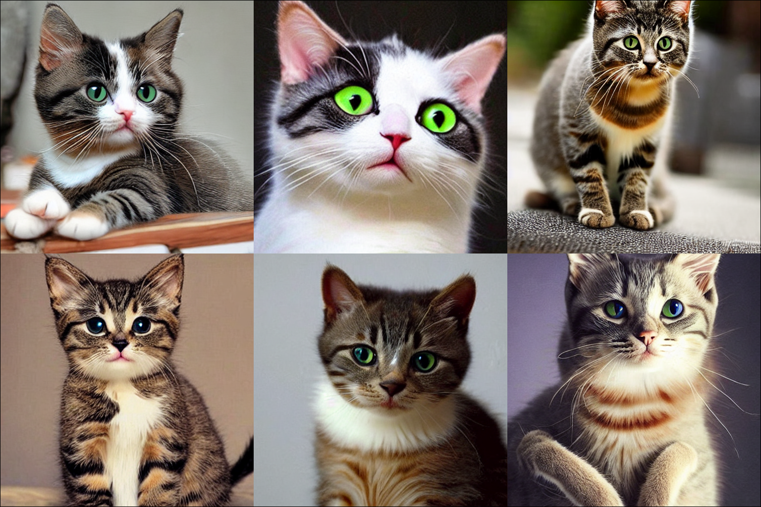 แผงรูปภาพเอาต์พุต 6 รูปจาก Stable Diffusion โดยใช้ข้อความ "แมวน่ารัก"