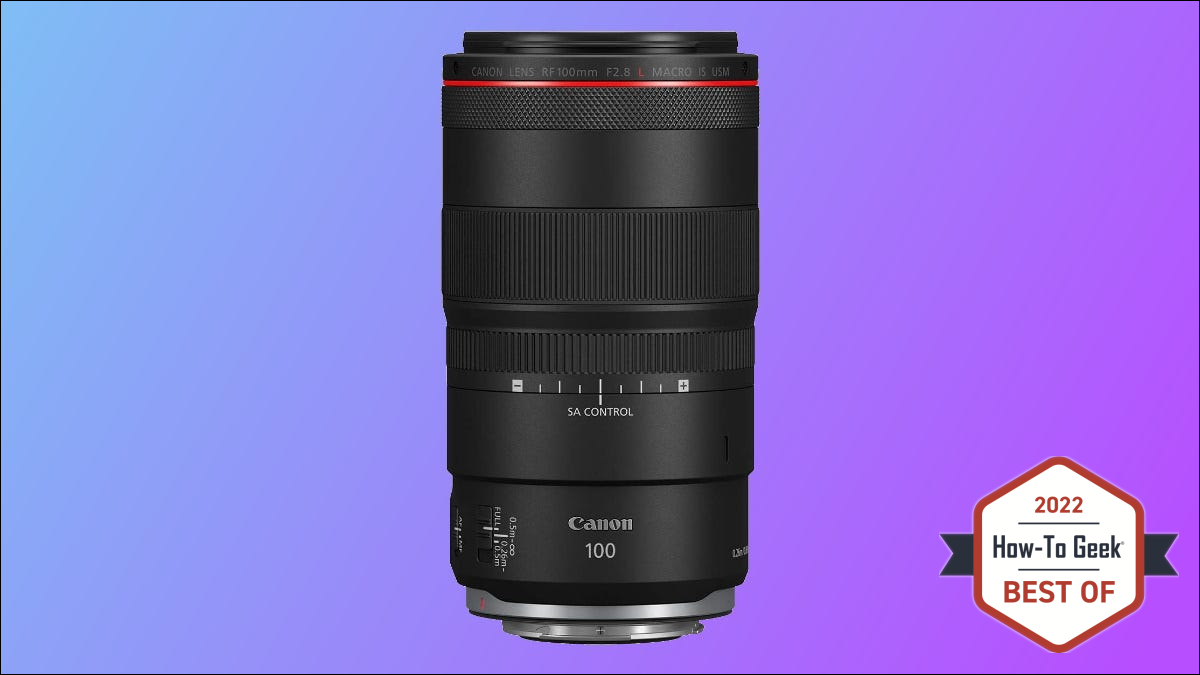 Canon RF100mm F2.8 L su sfondo viola