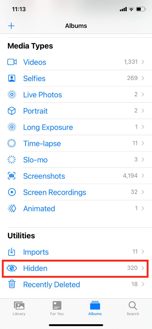 Geser ke bawah dan ketuk Tersembunyi untuk menemukan foto tersembunyi di iPhone