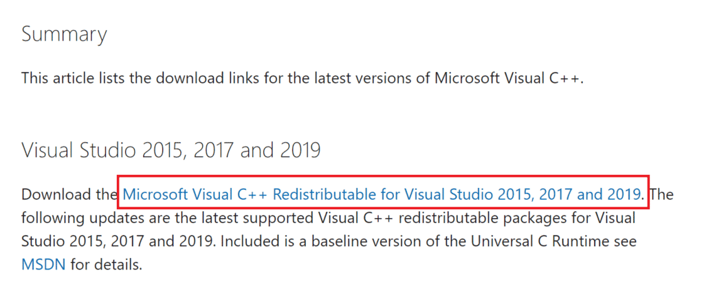 Téléchargez Microsoft Visual C plus plus la page redistribuable. Correction de l'erreur d'installation OBS dans Windows 10