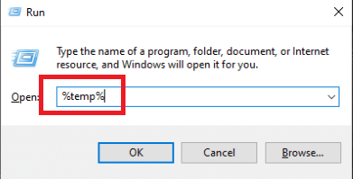 tapez temp dans la boîte de dialogue d'exécution. Correction de l'erreur d'installation OBS dans Windows 10