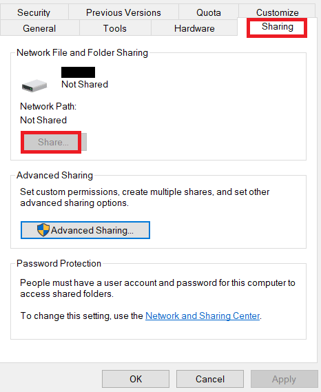Accédez à l'onglet Partage et cliquez sur le bouton Partager... . Correction de l'erreur d'installation OBS dans Windows 10