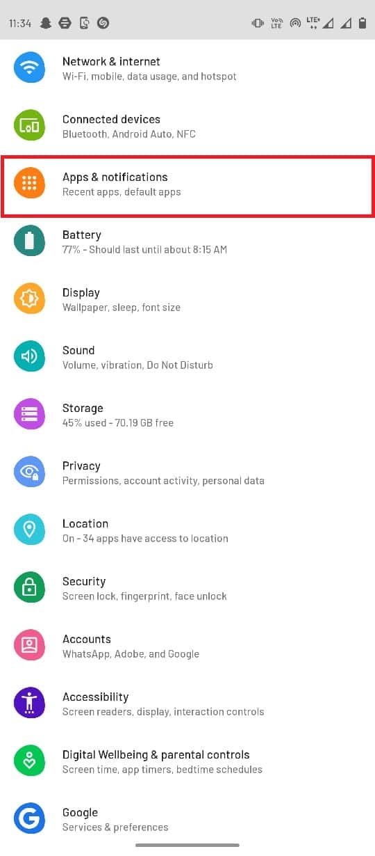 Appuyez sur Applications et notification