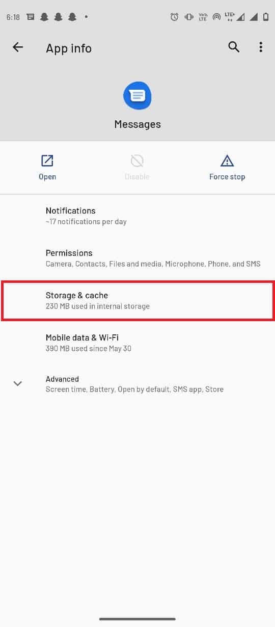 Appuyez sur Stockage et cache