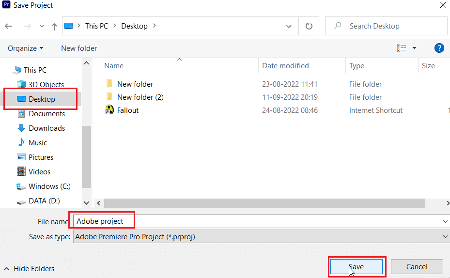 單擊保存以保存項目。修復 Windows 10 中的 Premiere Pro 錯誤代碼 3