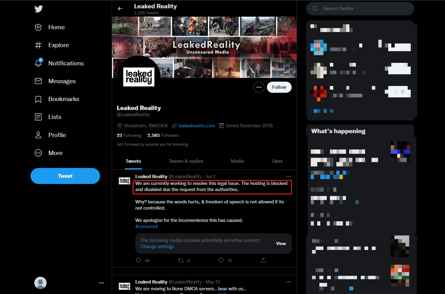 Halaman twitter Realitas Bocor