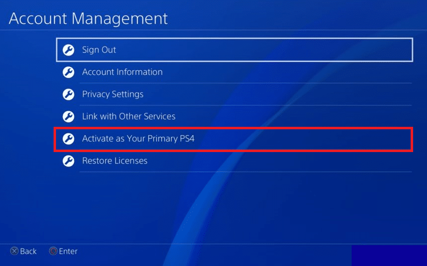 プライマリ PS4 オプションとしてアクティブ化を選択 |別の PS4 から PSN アカウントを削除する方法