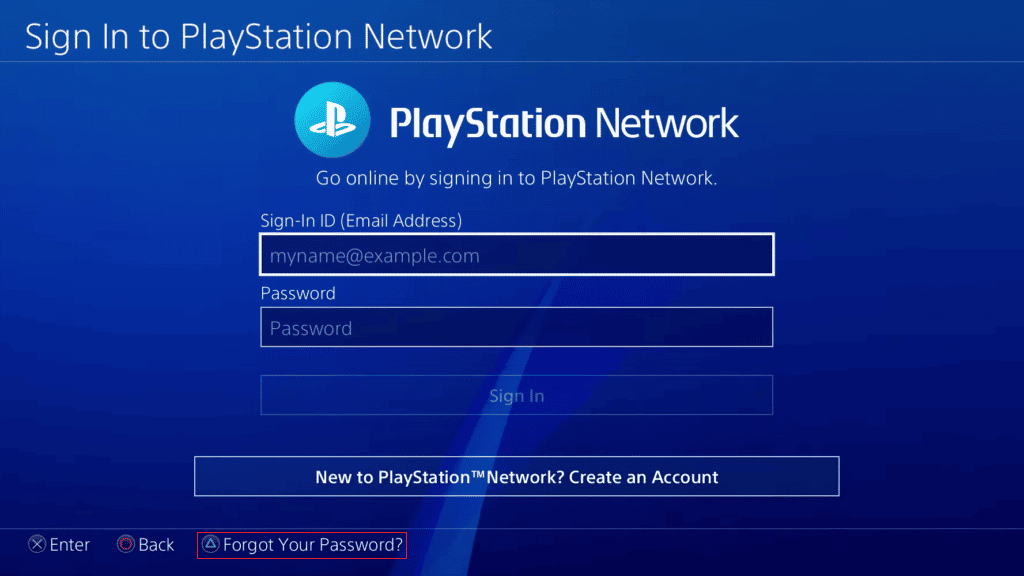 PS4コントローラーの三角形のボタンを押して、下部から[パスワードを忘れた]オプションを選択します | PlayStationアカウントからログアウトします