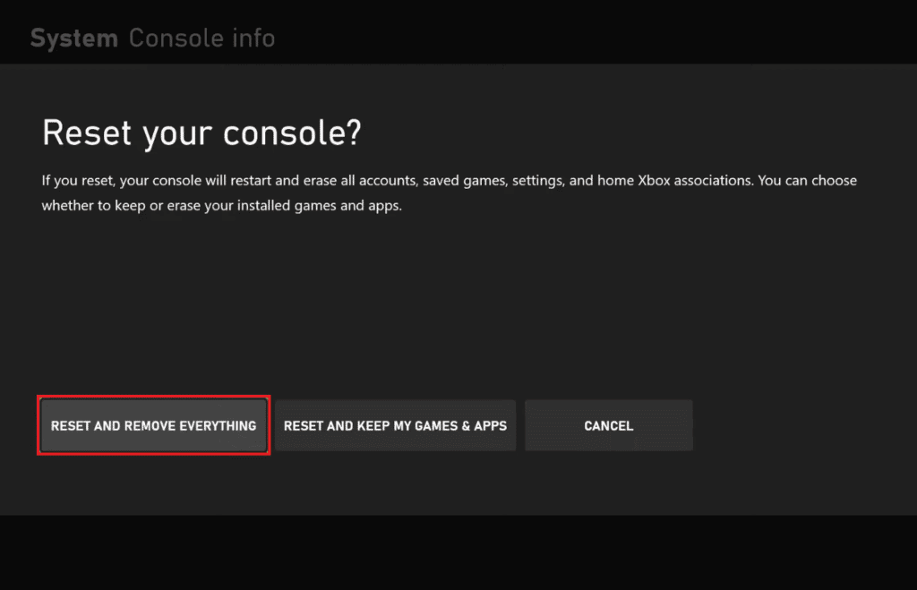 選擇重置並刪除所有內容。修復 Xbox Live 錯誤 8015190e