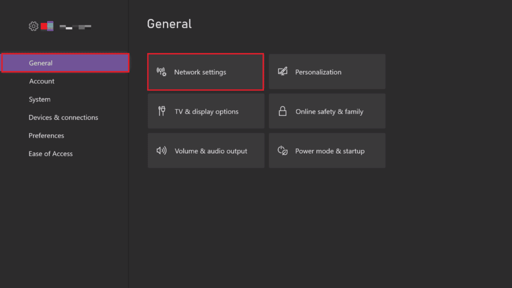 選擇網絡設置。修復 Xbox Live 錯誤 8015190e