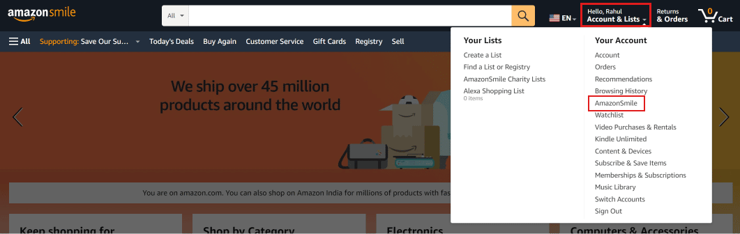 將鼠標懸停在帳戶和列表上，然後單擊 AmazonSmile。 |如何登錄您的亞馬遜微笑賬戶
