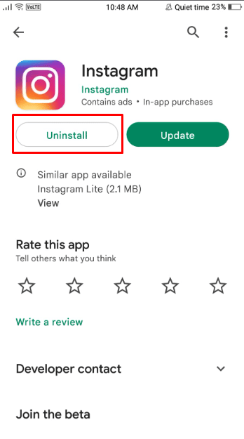 Kemudian ketuk tombol Copot pemasangan untuk berhasil menghapus instalan versi Instagram saat ini dari ponsel Anda.