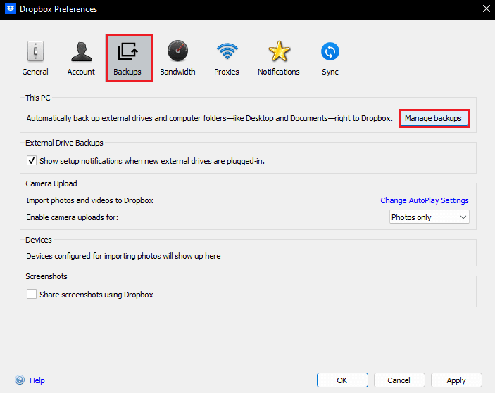 allez dans le menu Sauvegarde et cliquez sur gérer les sauvegardes. Comment résoudre l'erreur 413 de Dropbox com dans Windows 10