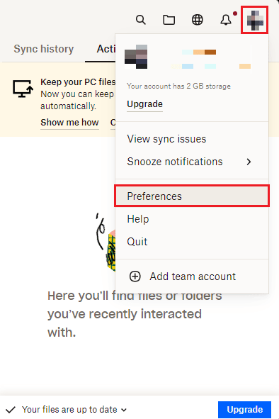 cliquez sur l'icône de profil et sélectionnez les préférences dans l'application Dropbox