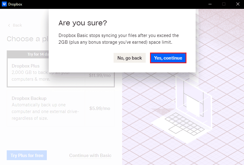 cliquez sur Oui continuer bouton Dropbox