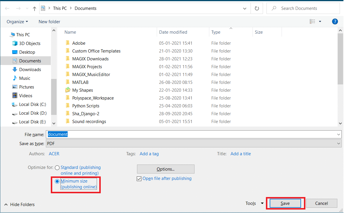 choisissez la taille minimale dans l'option d'optimisation pour réduire la taille du pdf