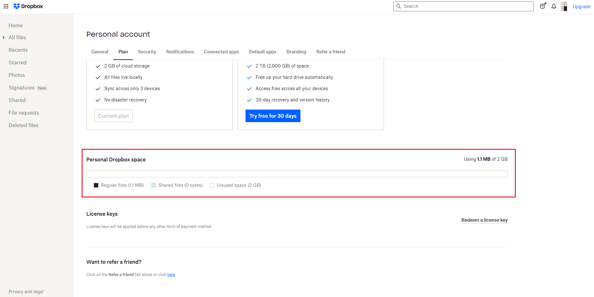 Espace Dropbox personnel dans le menu du plan. Comment résoudre l'erreur 413 de Dropbox com dans Windows 10