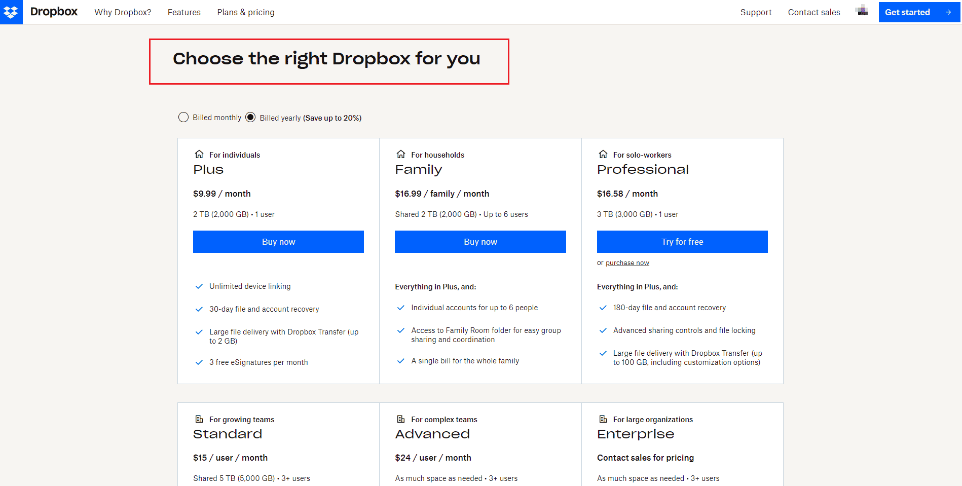 page des forfaits dropbox