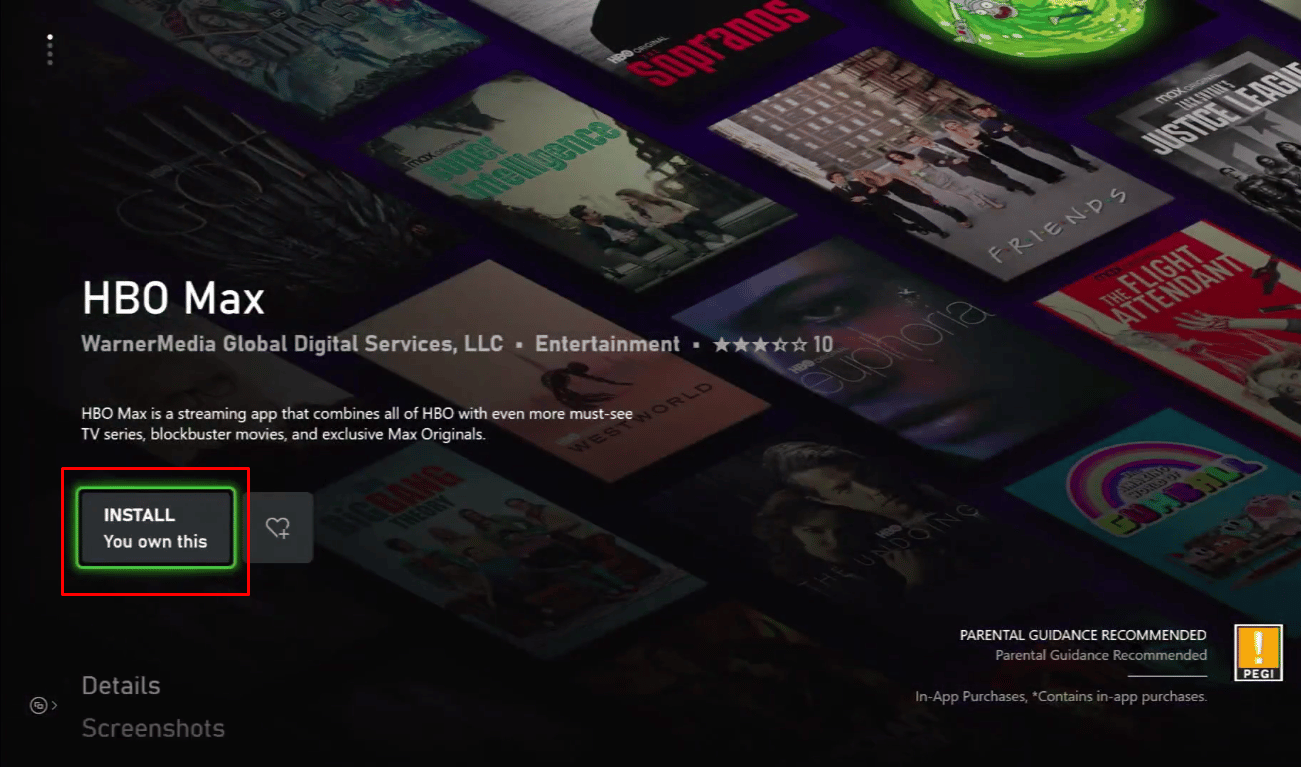 เลือกและคลิกที่ปุ่มติดตั้งเพื่อดาวน์โหลดแอป HBO Max บนคอนโซล Xbox ของคุณ