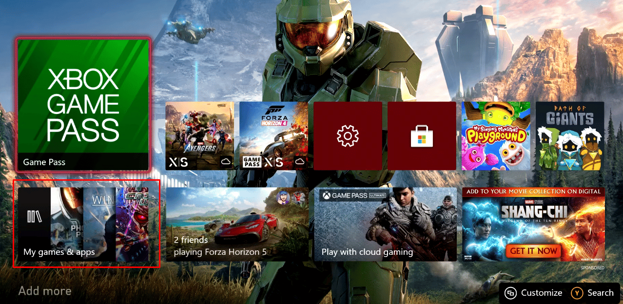 ตอนนี้ เปิดคอนโซล Xbox ของคุณและจากหน้าจอหลักของ Xbox ให้เลือกตัวเลือก เกมและแอปของฉัน