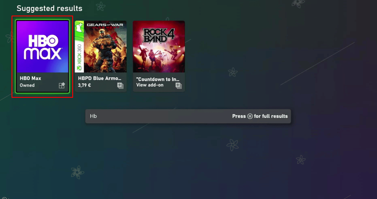 ตอนนี้ในแถบค้นหา พิมพ์ HBO Max โดยใช้แป้นพิมพ์เสมือน Xbox แล้วเลือกตัวเลือก HBO Max จากผลการค้นหา