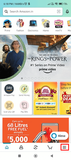 Pastikan Anda masuk ke akun Amazon Anda, lalu ketuk opsi Hamburger di bilah navigasi bawah layar ponsel Anda.