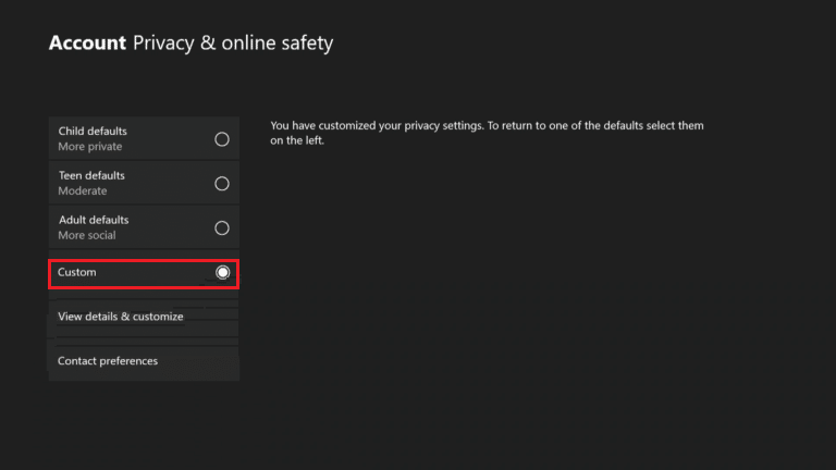seleziona l'opzione Personalizzata in Privacy dell'account e sicurezza online Console Xbox