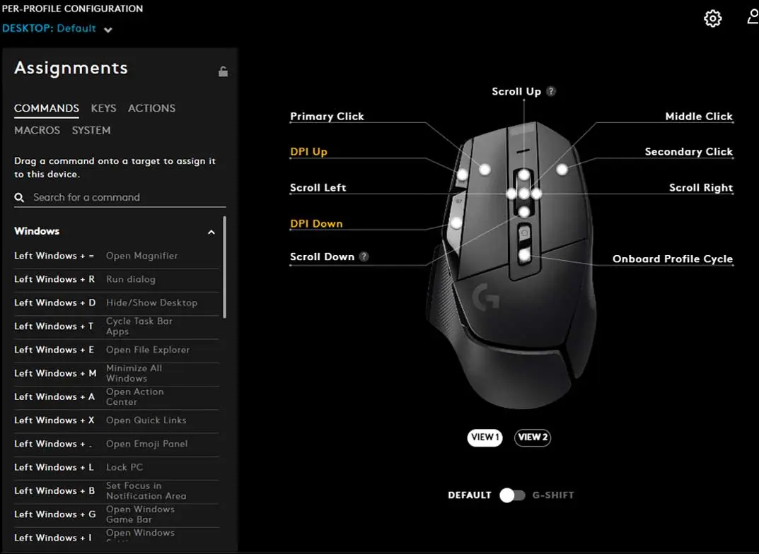 Programma Logitech G Hub con personalizzazioni dei pulsanti.