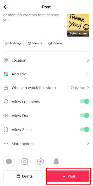presione el botón Publicar para publicar | combinar videos e imágenes en TikTok