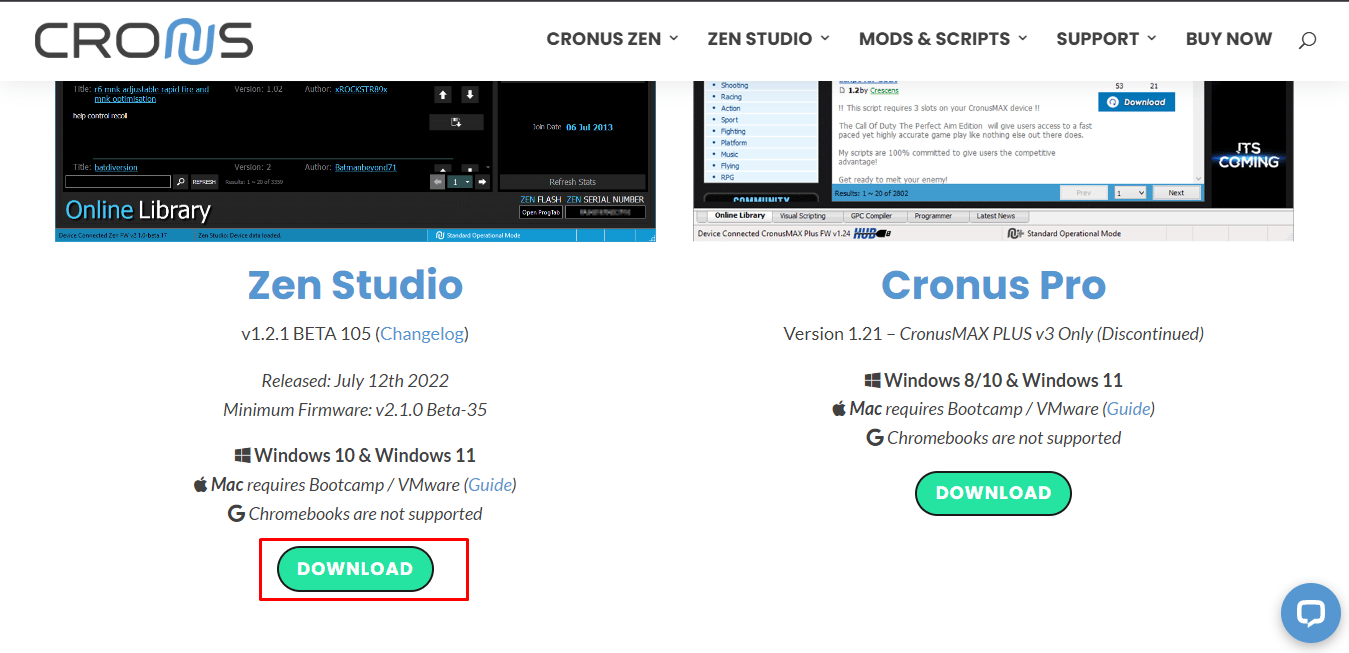 Ardından Zen Studio yazılımını yüklemek için Cronus Web Sitesini ziyaret edin ve Zen Studio'nun altındaki mavi indirme düğmesine tıklayın.