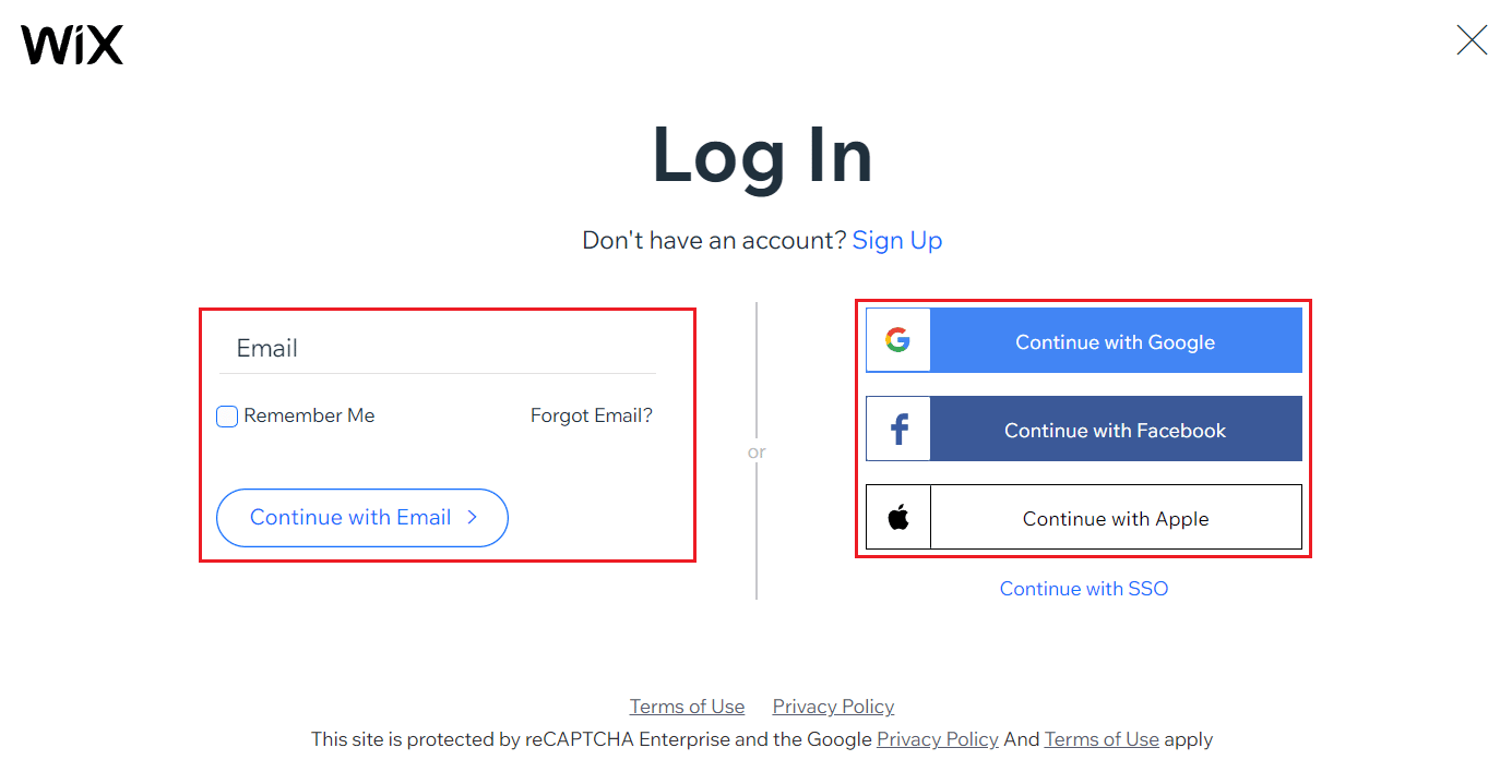 Na página Wix Log In, faça login na sua conta Wix com seu e-mail, Google, Facebook ou Apple