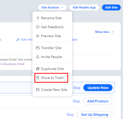 Faceți clic pe opțiunea Mutare în coșul de gunoi din meniul derulant Acțiuni site. | Cum ștergi un cont Wix