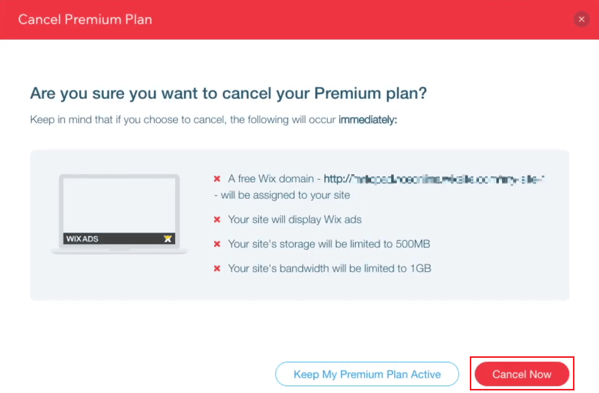 ポップアップ アラートから [今すぐキャンセル] をクリックします。 Wix アカウントを削除する方法