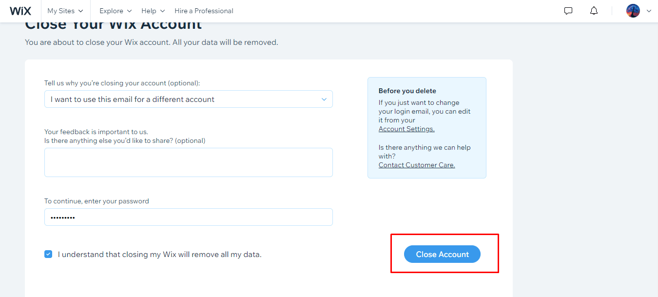 Wählen Sie nun den Grund aus, warum Sie Ihr Konto schließen möchten, senden Sie ihnen Ihr Feedback, geben Sie dann Ihr Wix-Kontopasswort ein und klicken Sie auf Konto schließen, um Ihr Wix-Konto endgültig zu löschen.