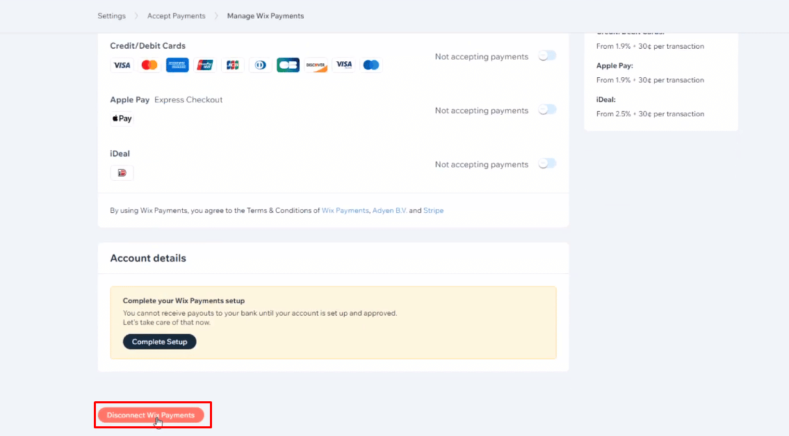 คลิกที่ Disconnect the Payment option ที่ปรากฏอยู่ท้ายสุด ภายใต้เมนู Manage Payment method | ยกเลิกโดเมน Wix ของคุณ